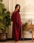Maroon silk kaftan dress with gold sequins - elegant embroidered evening gown for women
