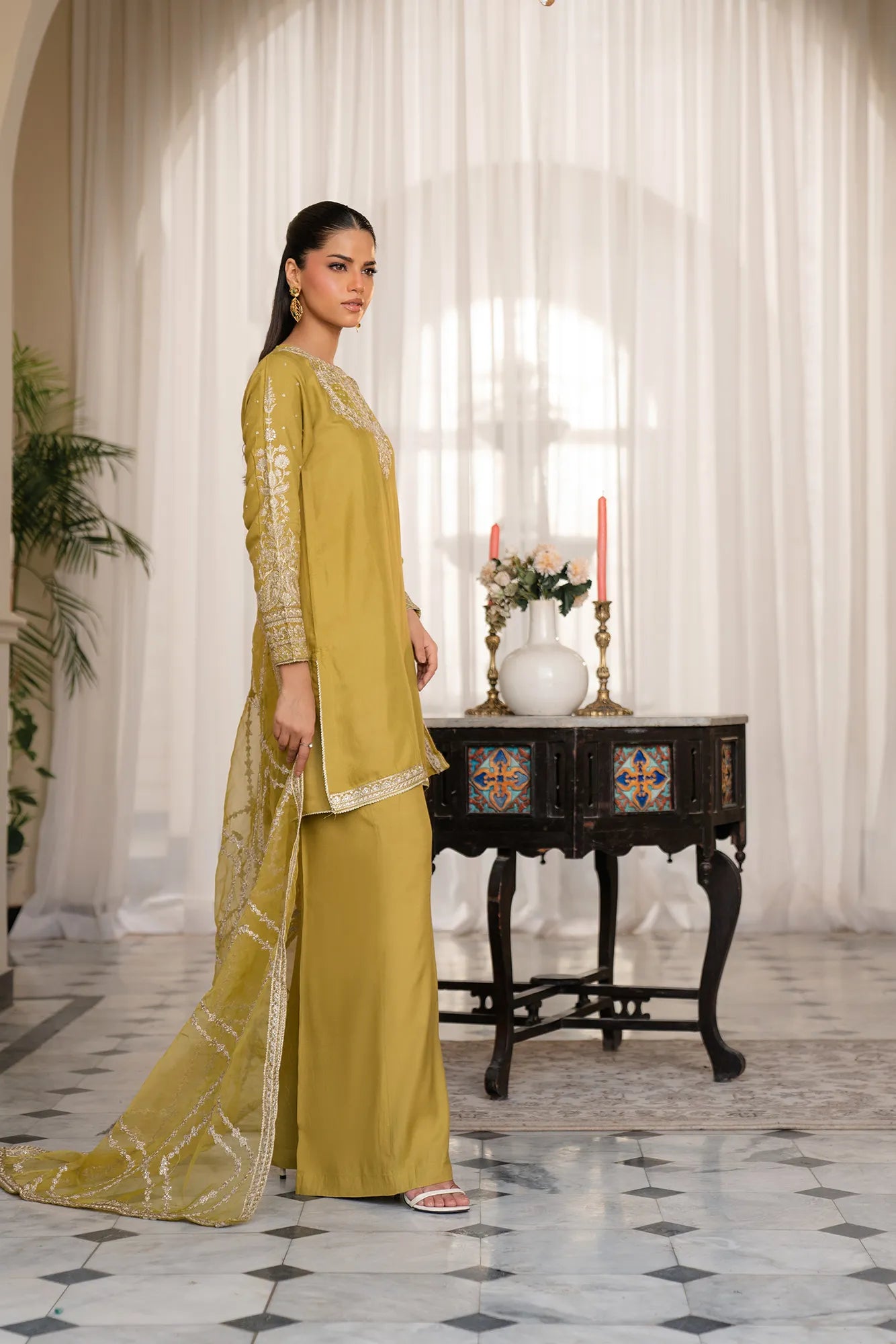 Mehndi bridal suit yellow - embroidered raw silk 3 piece set with elegant gold detailing