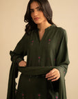 Model pose in green embroidered linen 3-piece set, mid-shot showing front embroidery and clean styling.