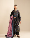 Model wearing unstitched embroidered Marina suit with printed herringbone shawl, full front view in studio.