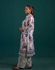 Modern lawn suit design with a grey and lilac digital printed shirt, cambric trousers, and a matching patterned monark dupatta.