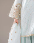 Modest embroidered jamawar suit in pastel blue – full sleeve 3 piece Pakistani formal set with elegant detailing for women’s modest fashion.