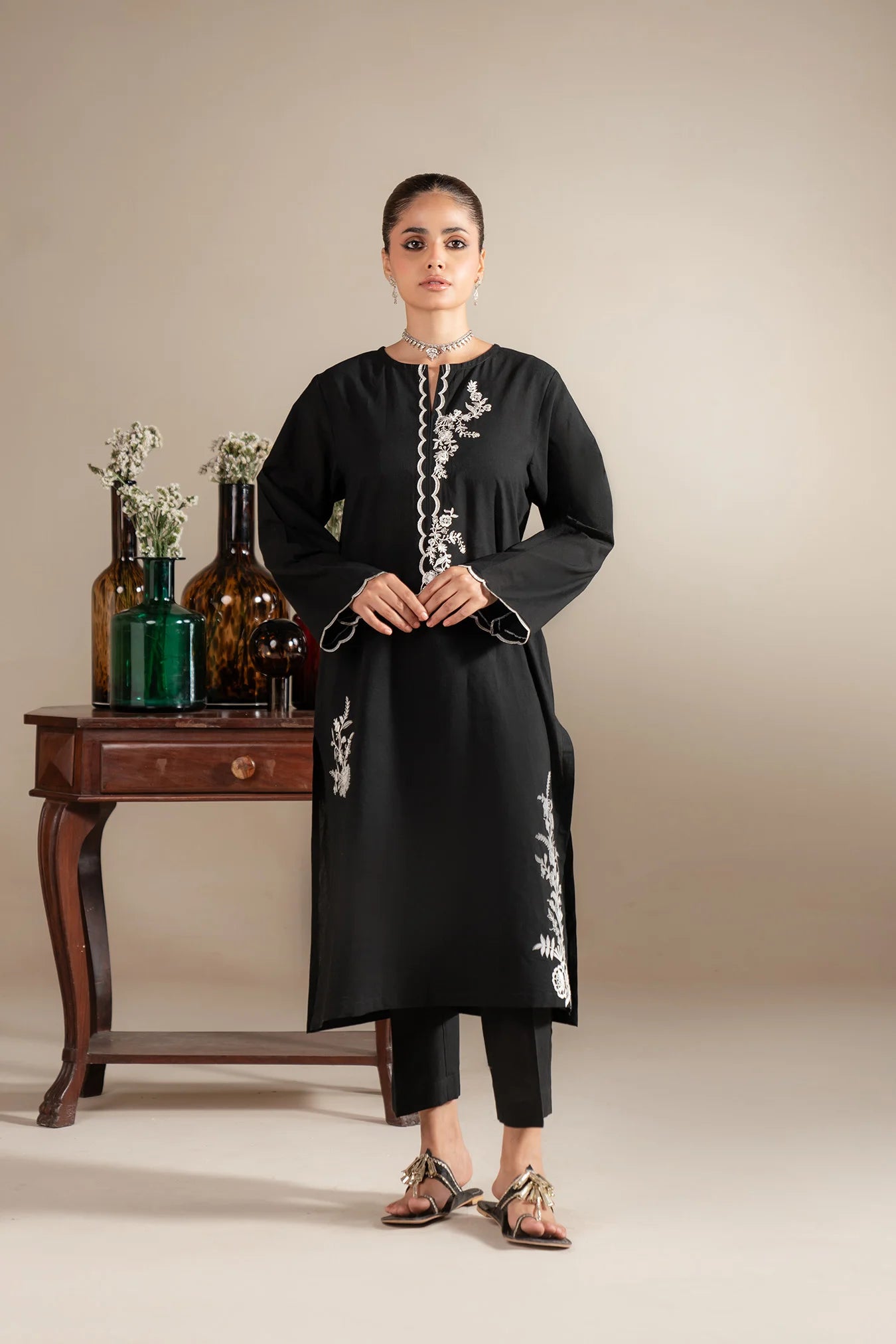 Monochrome embroidered lawn dress suit - black and white Pakistani formal wear with intricate needlework