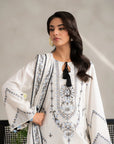 Monochrome embroidered lawn dress with wide-leg trousers and printed dupatta, unstitched.