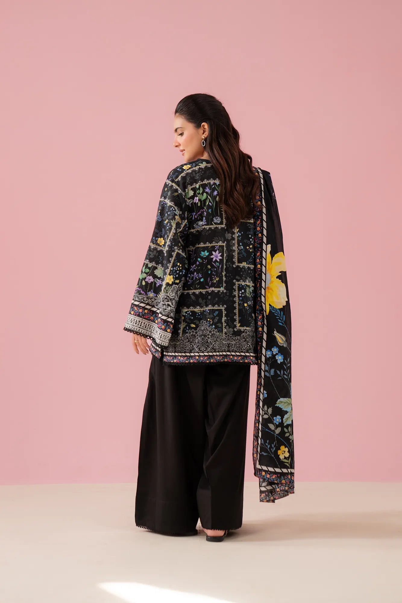 Muscat 2 piece unstitched ladies suit – premium black printed lawn dress with voile dupatta, chic and lightweight Pakistani summer attire