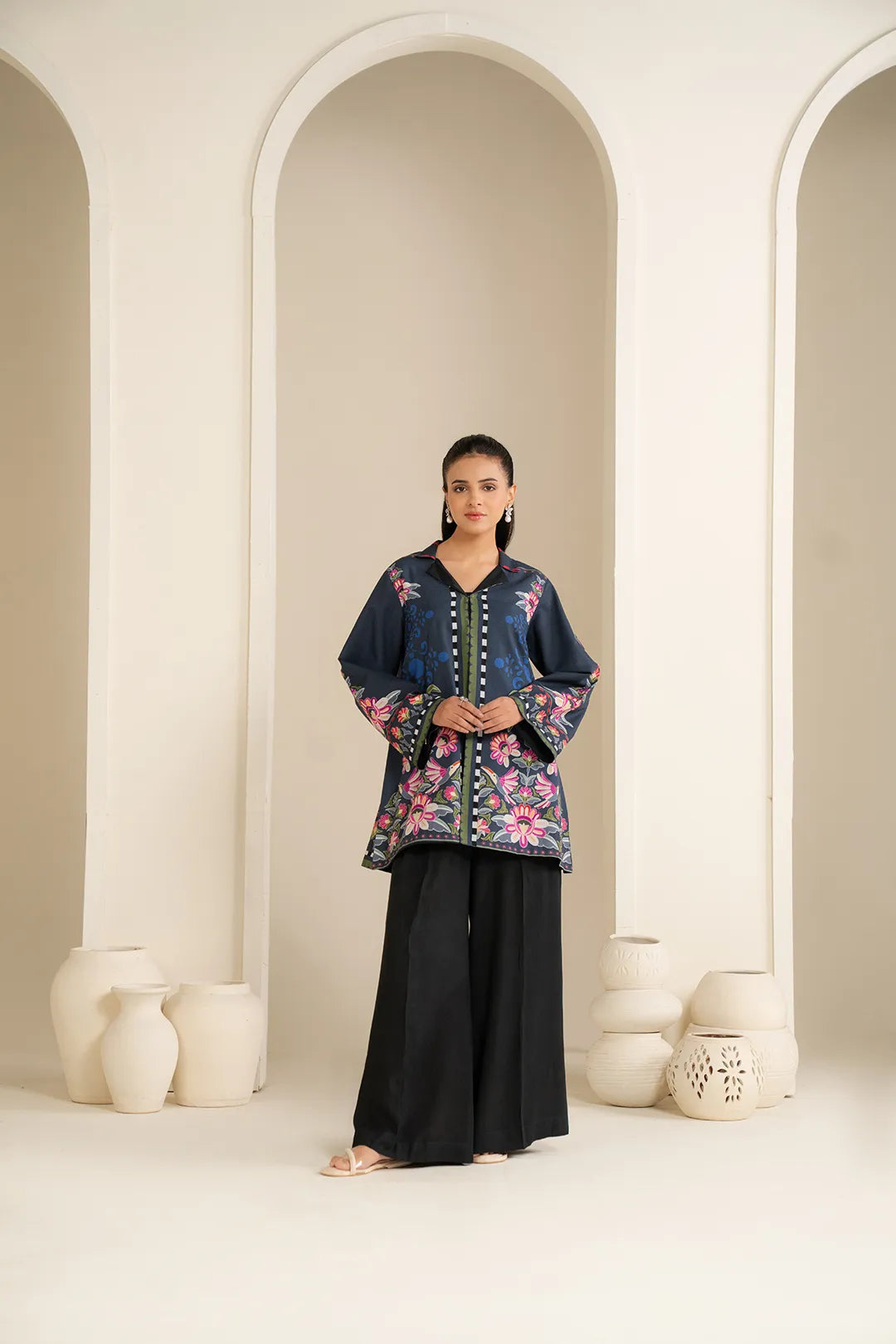 Navy Blue Printed Khaddar Jacket