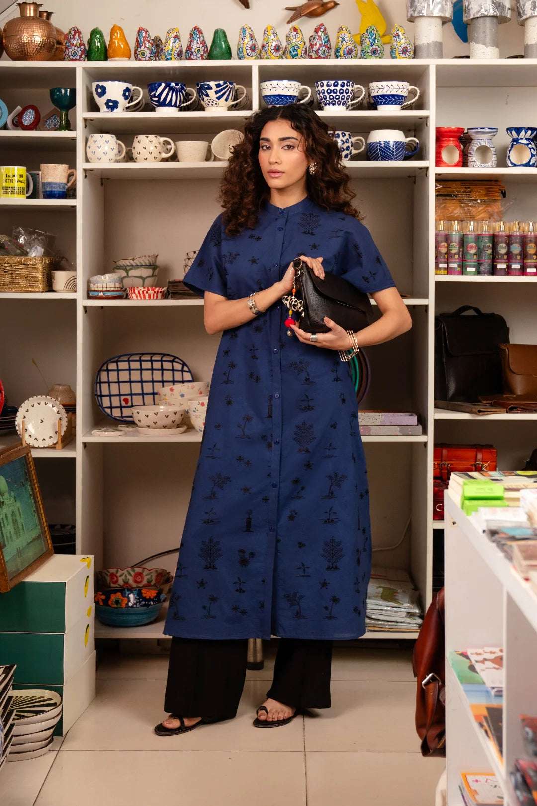 Navy blue embroidered linen shirt for women – stylish button-down long kurta.
