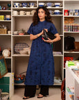 Navy blue embroidered linen shirt for women – stylish button-down long kurta.