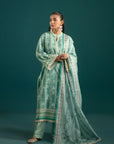 New lawn suit design in sea green with intricate digital prints, a paisley monark dupatta, and a composed border for a sophisticated look.