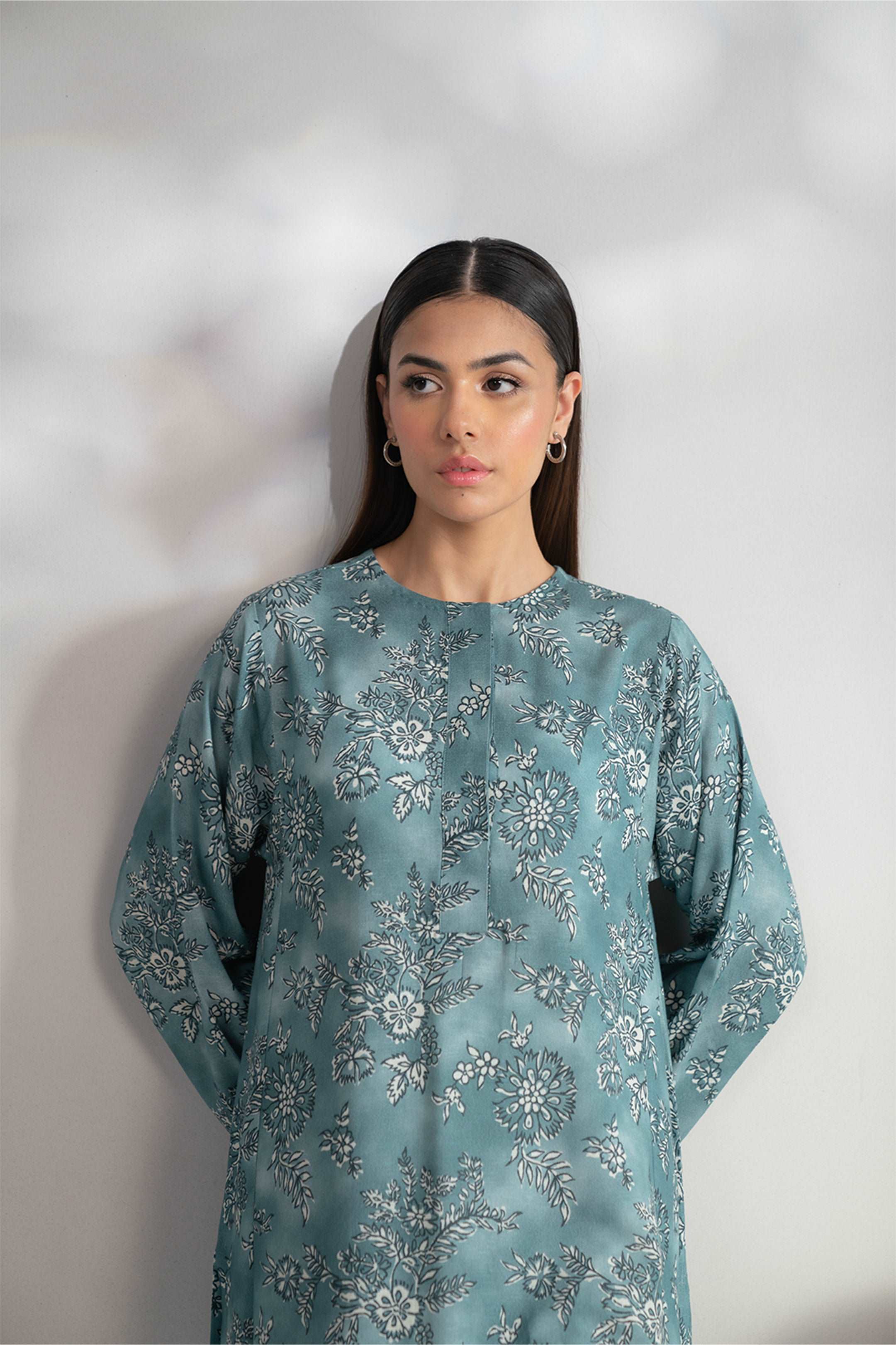 Online shopping for ladies: printed Karandi shirt in teal with beautiful floral patterns