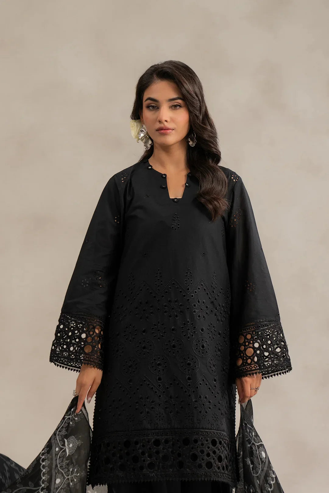 Order black embroidered lawn kameez dupatta set - 3 piece monochrome Pakistani suit for women