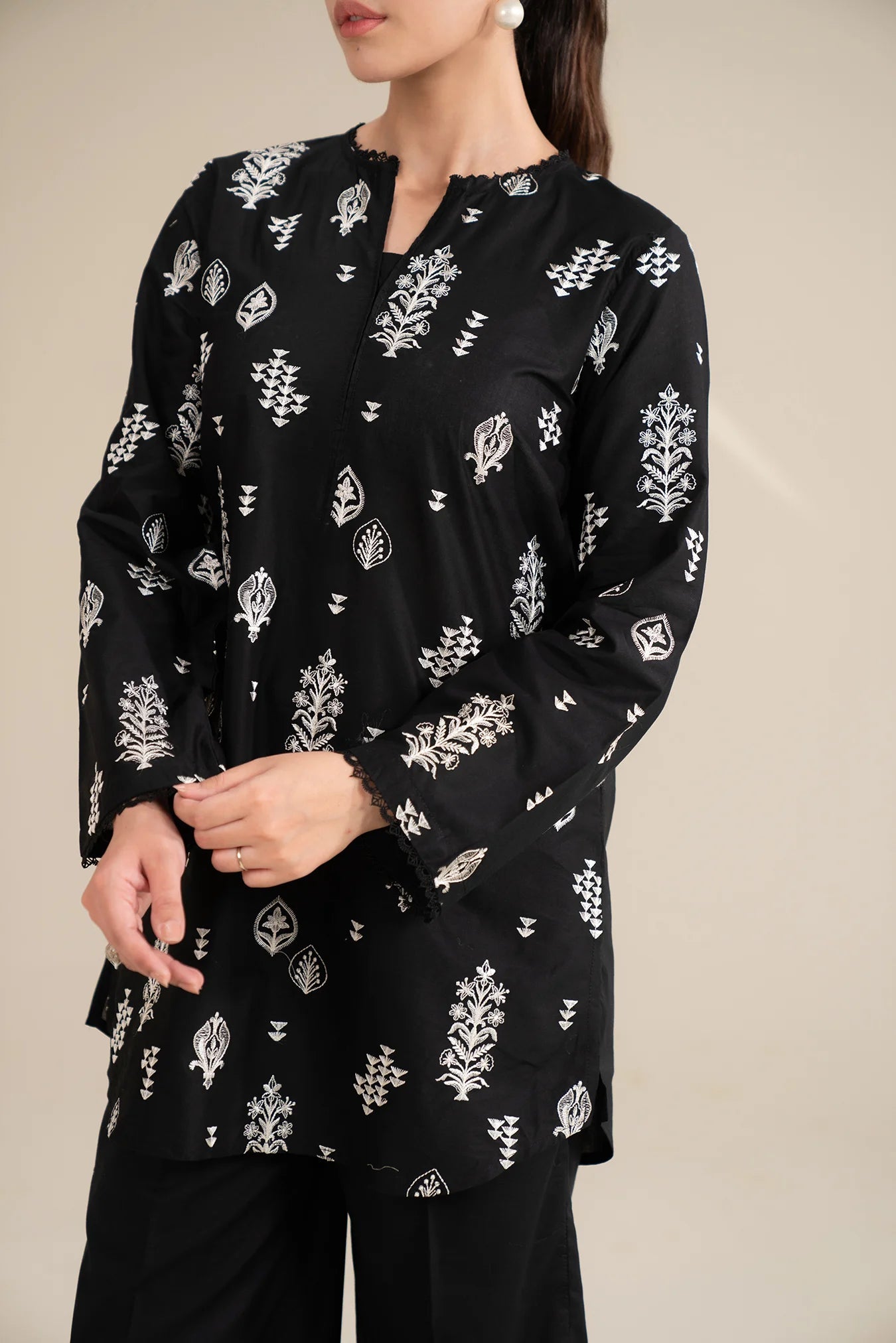 Order black embroidered lawn kameez shalwar set - monochrome 2 piece Pakistani suit online store