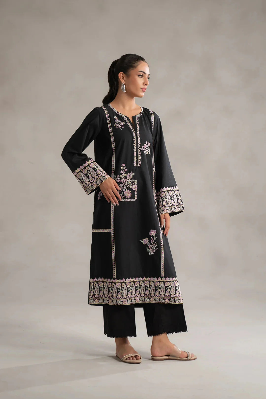 Order monochrome clothing Islamabad - black pink embroidered dress 2 piece lawn suit elegant