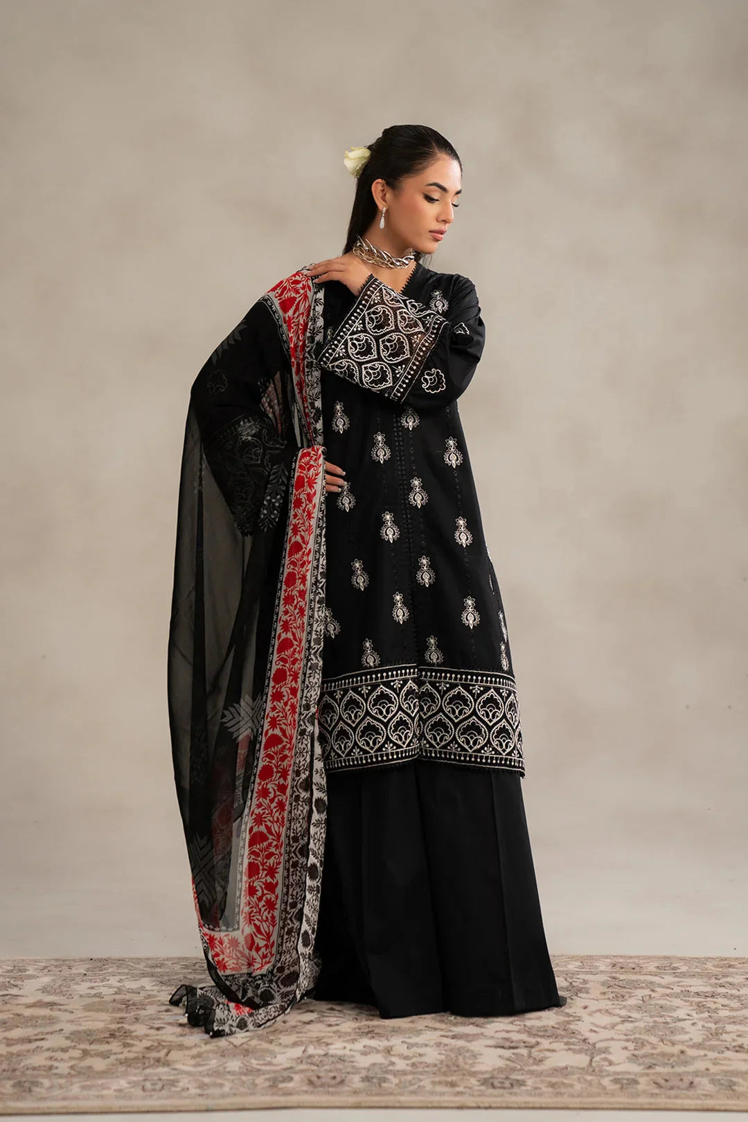Order monochrome kurta set women - 3 piece black lawn suit unstitched embroidered red contrast