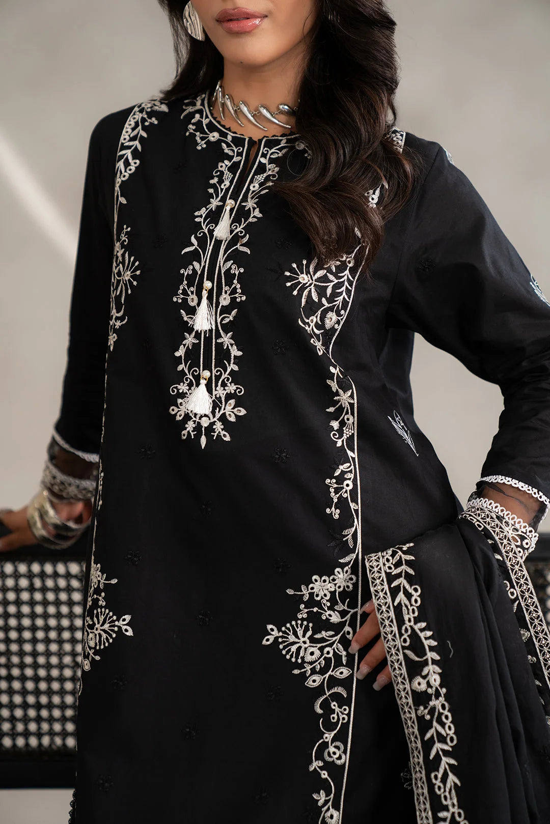 Order monochrome muharram collection - black white embroidered dress 3 piece lawn suit modest