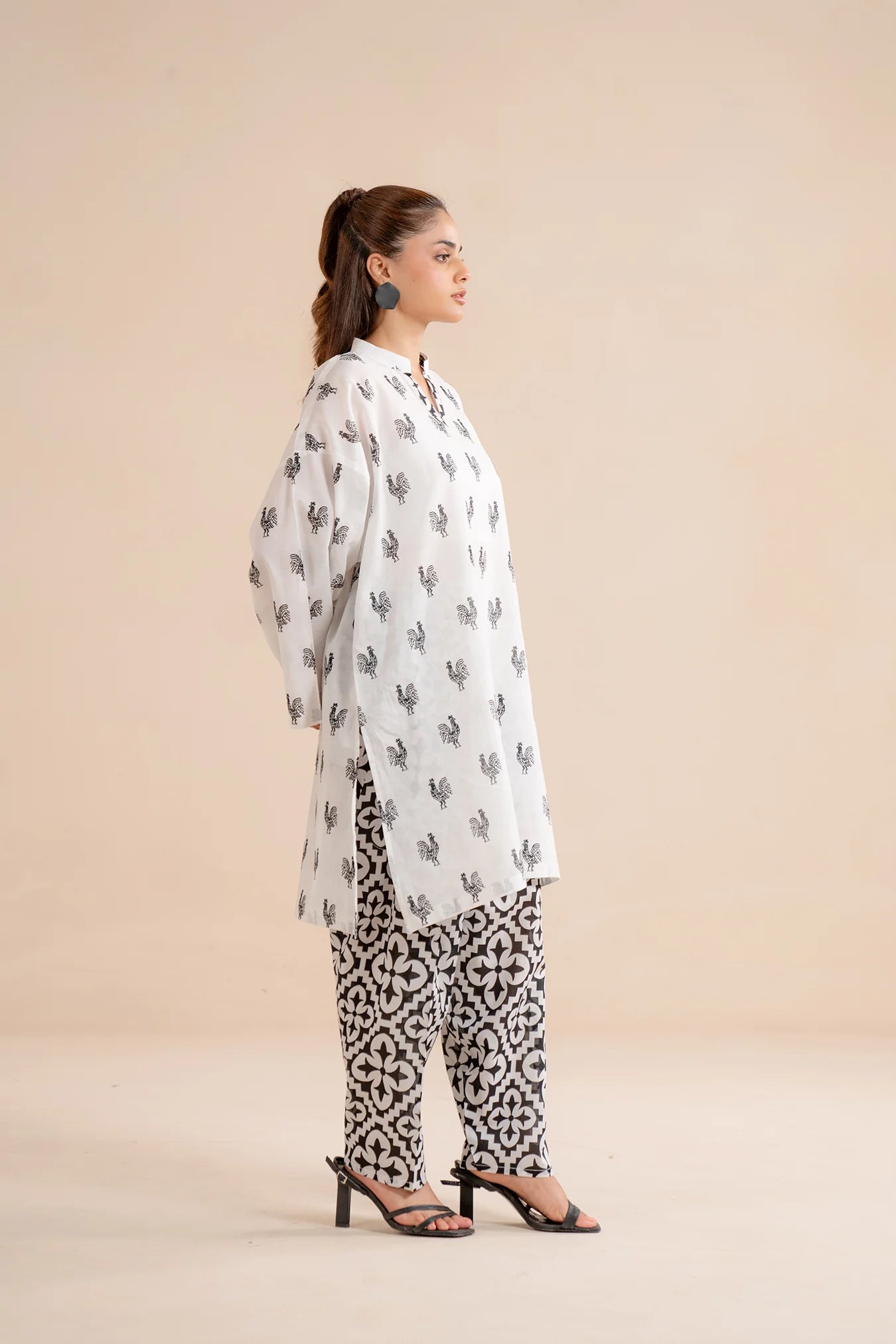 Order white printed lawn kurta shirt online - 1 piece monochrome Pakistani dress bird pattern