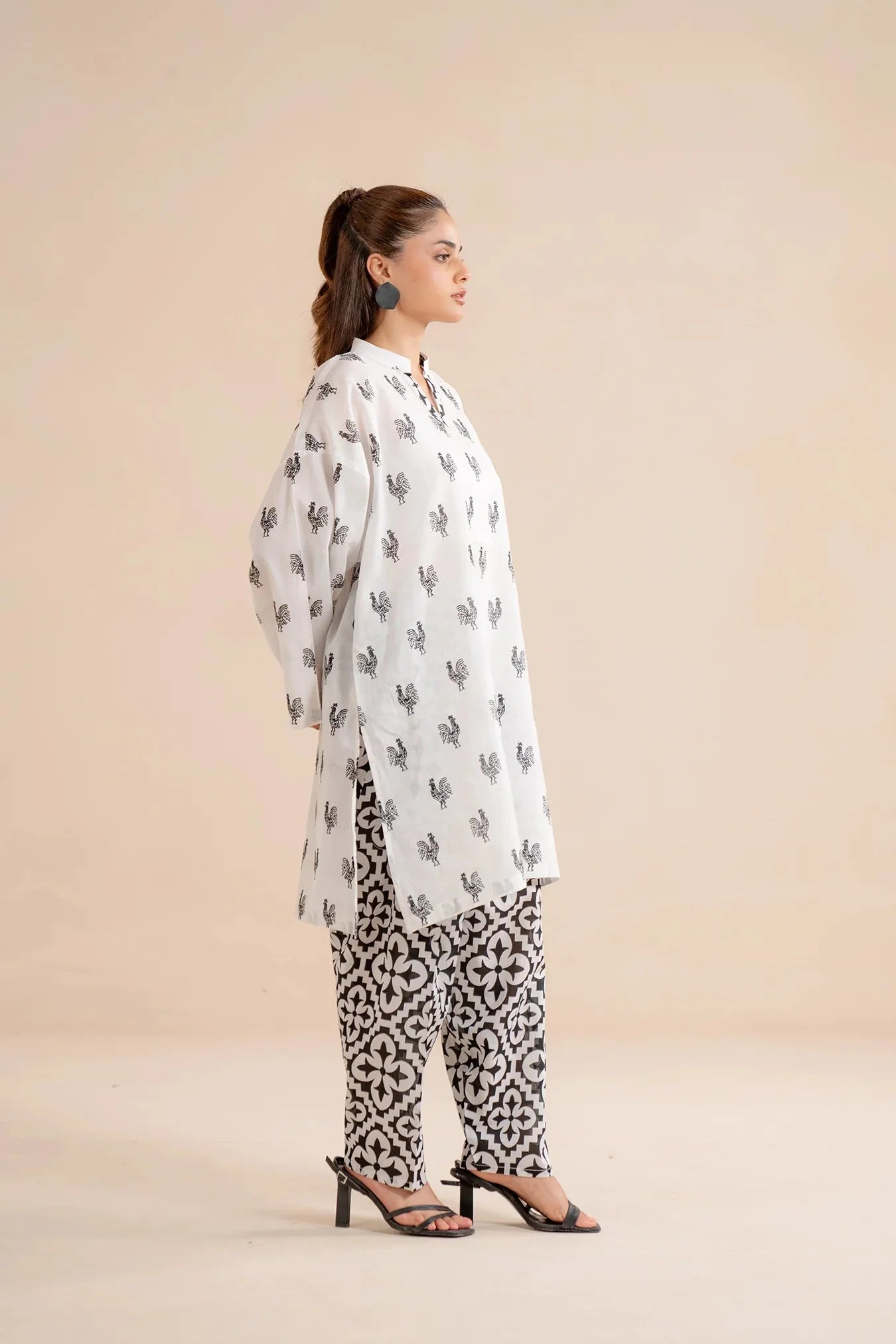 Order white printed lawn kurta shirt online - 1 piece monochrome Pakistani dress bird pattern