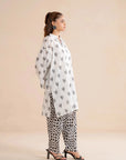 Order white printed lawn kurta shirt online - 1 piece monochrome Pakistani dress bird pattern