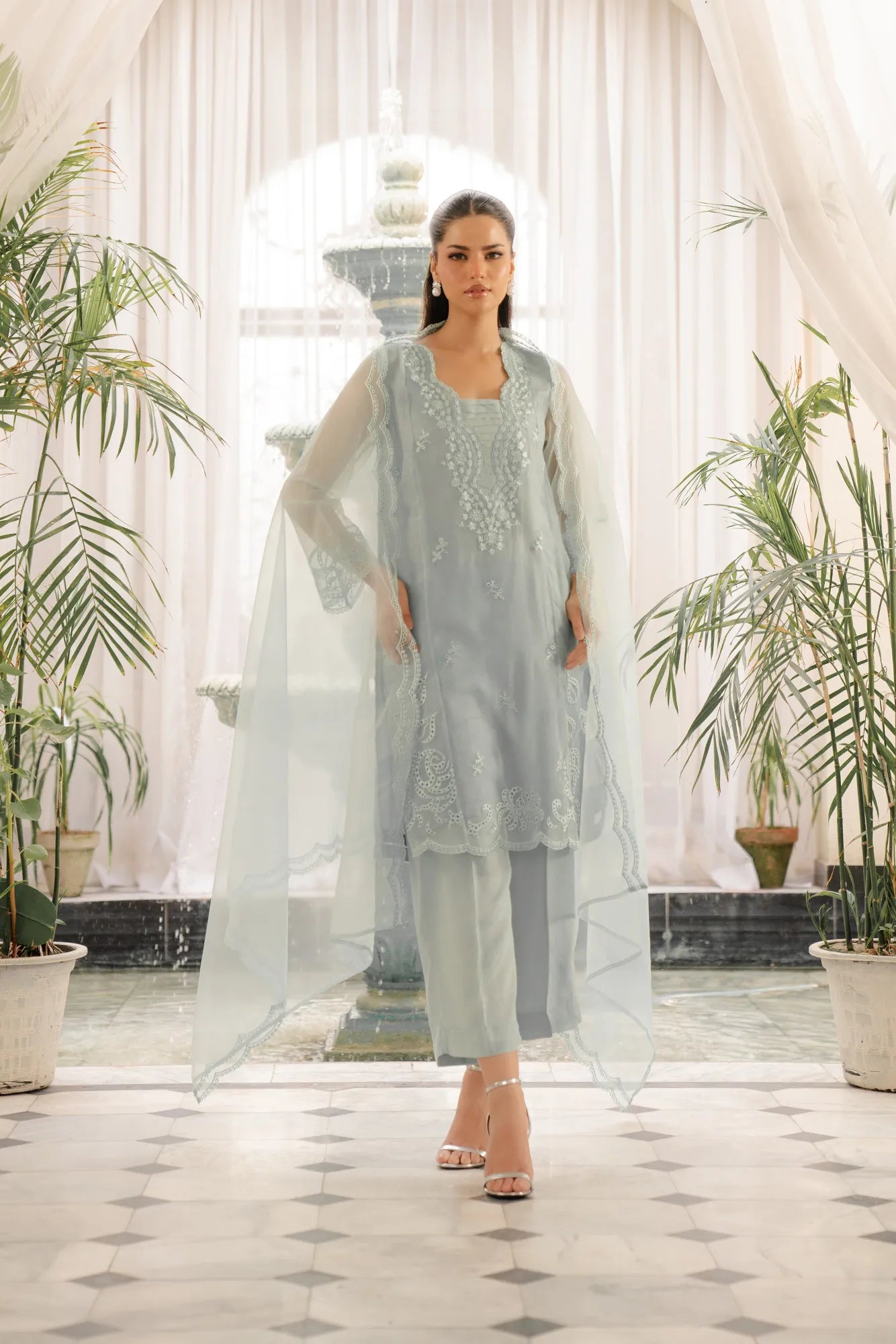 Mint Green Organza Dresses - 3 Piece Embroidered Suit