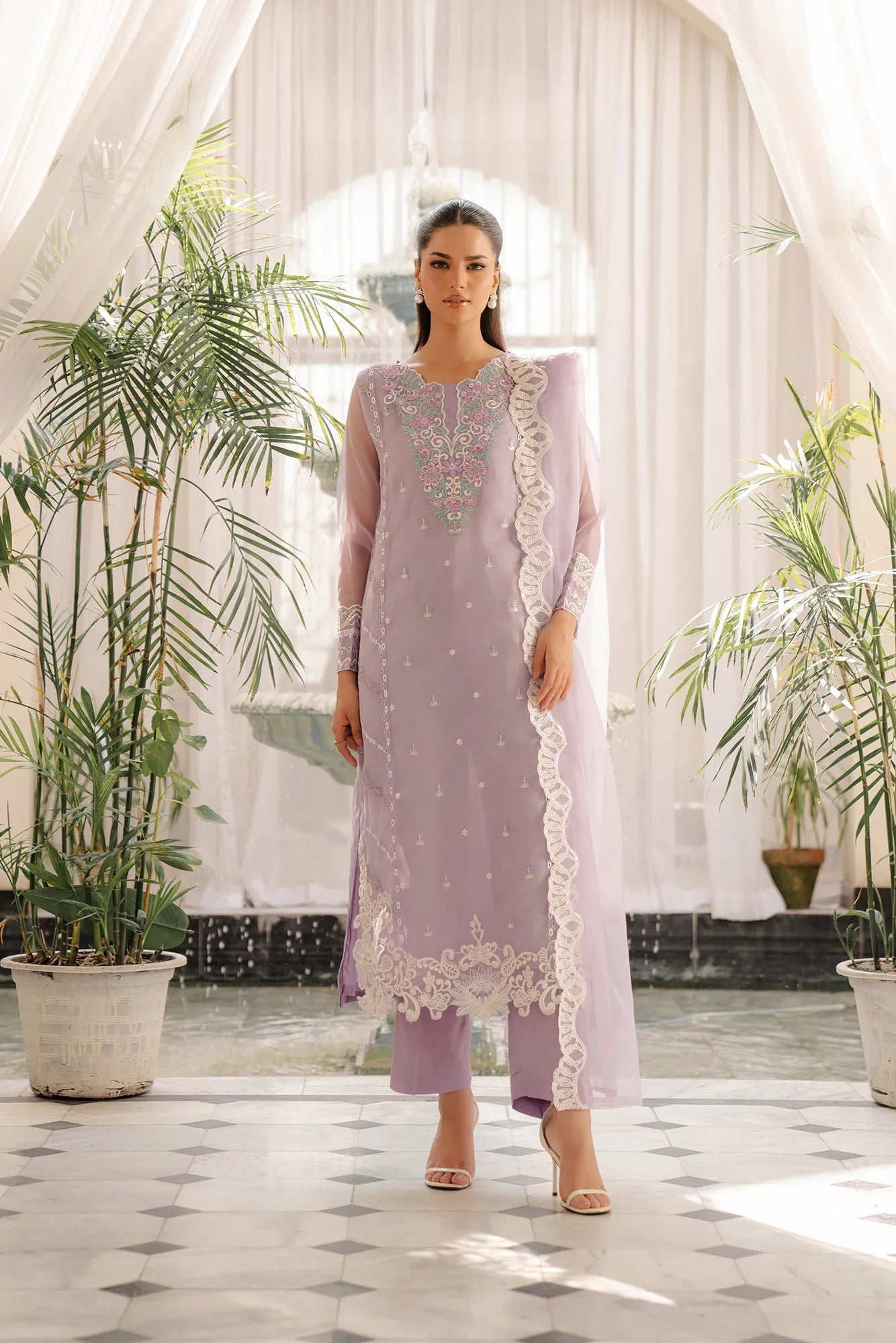 Organza suit lilac - 3 piece embroidered suit with sheer dupatta and matching trousers
