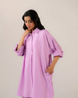 Oversized solid pink shirt for women - loose fitting blended cotton button up blouse
