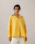 Oversized yellow button-up shirt for women - relaxed fit casual blouse with tie waist detail
