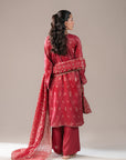 Pakistani embroidered jamawar dress for women – export quality 3 piece suit in rich maroon-red shade with organza dupatta, ideal for international buyers.