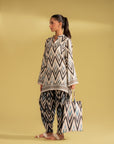 Pakistani fashion digital printed linen suit, modern ikat print ready-to-stitch outfit, ideal for Karachi and Lahore summers
