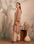 Pakistani linen kurti for ladies – stylish digital floral print in red and green tones for a timeless look.