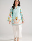 Pakistani womens aqua printed kurta - casual cambric summer shirt mommy me outfit online shopping