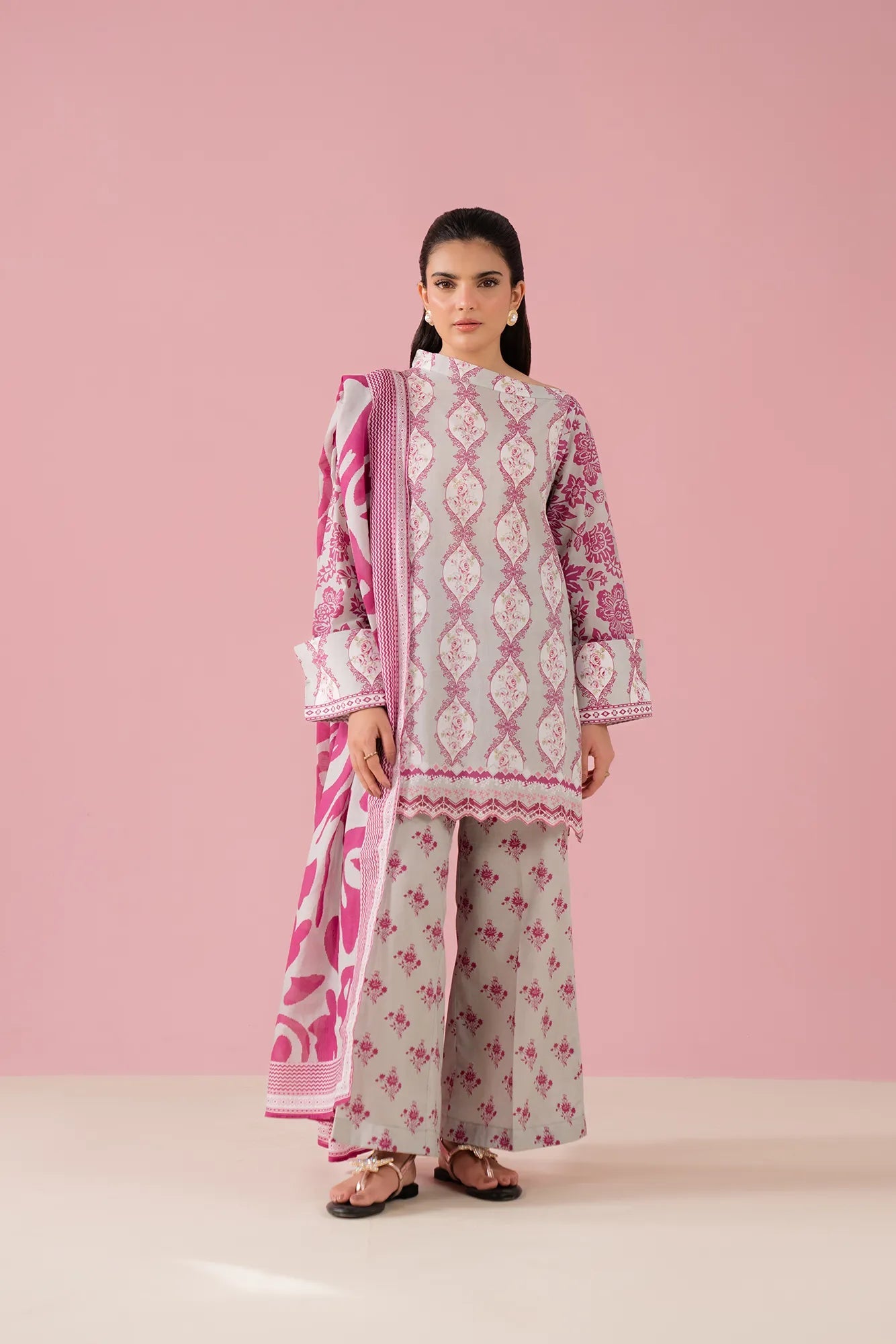 Paris unstitched ladies suit – chic 3 piece printed lawn outfit with digital shirt, cambric trouser, and voile dupatta, stylish online lawn suits Pakistan