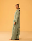 Pastel green linen shirt Pakistan with subtle neckline detailing