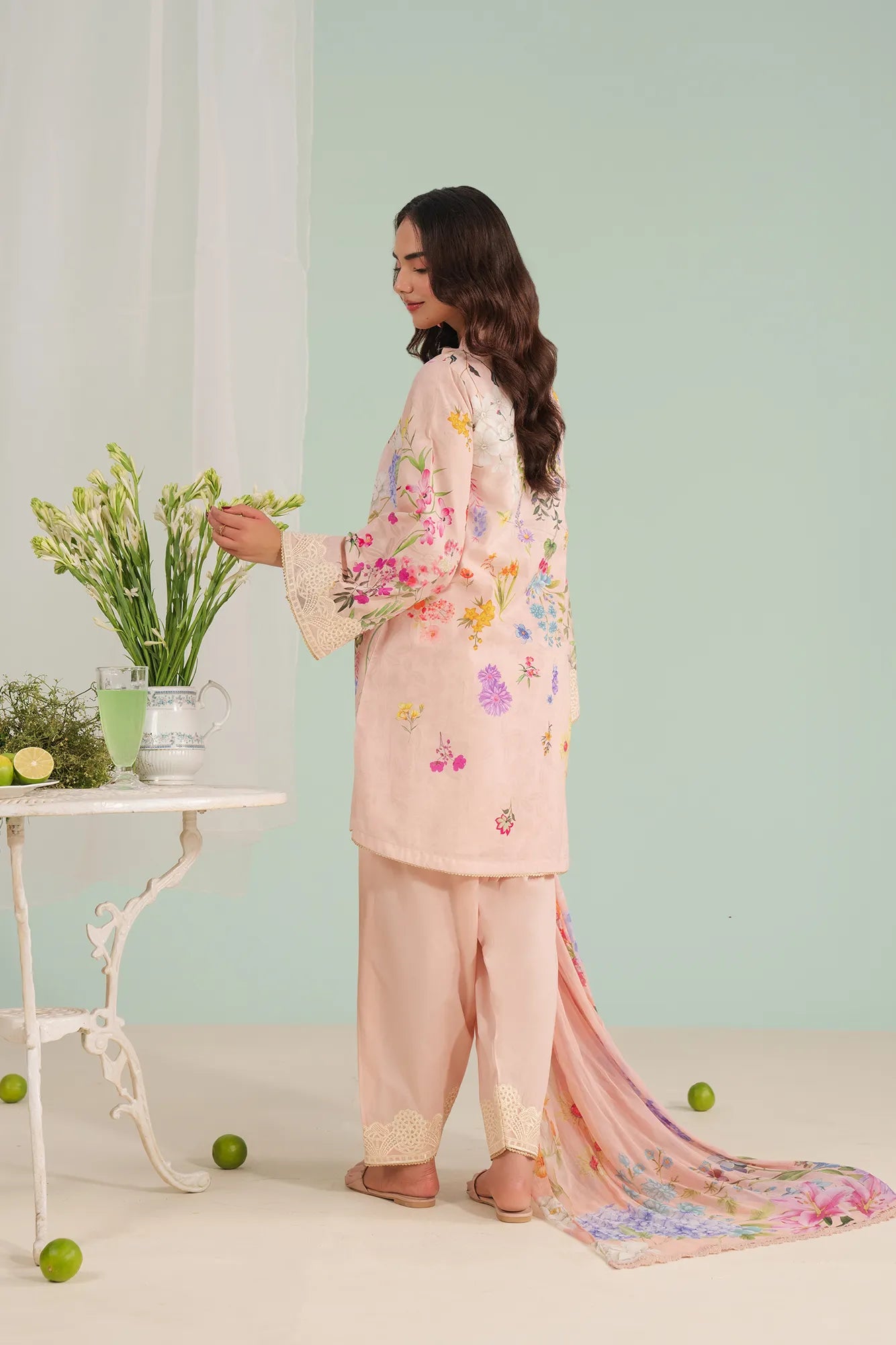Peach ladies unstitched lawn suits – embroidered organza and digital printed lawn shirt with cambric trousers and chiffon dupatta, trendy Pakistani fashion