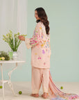 Peach ladies unstitched lawn suits – embroidered organza and digital printed lawn shirt with cambric trousers and chiffon dupatta, trendy Pakistani fashion