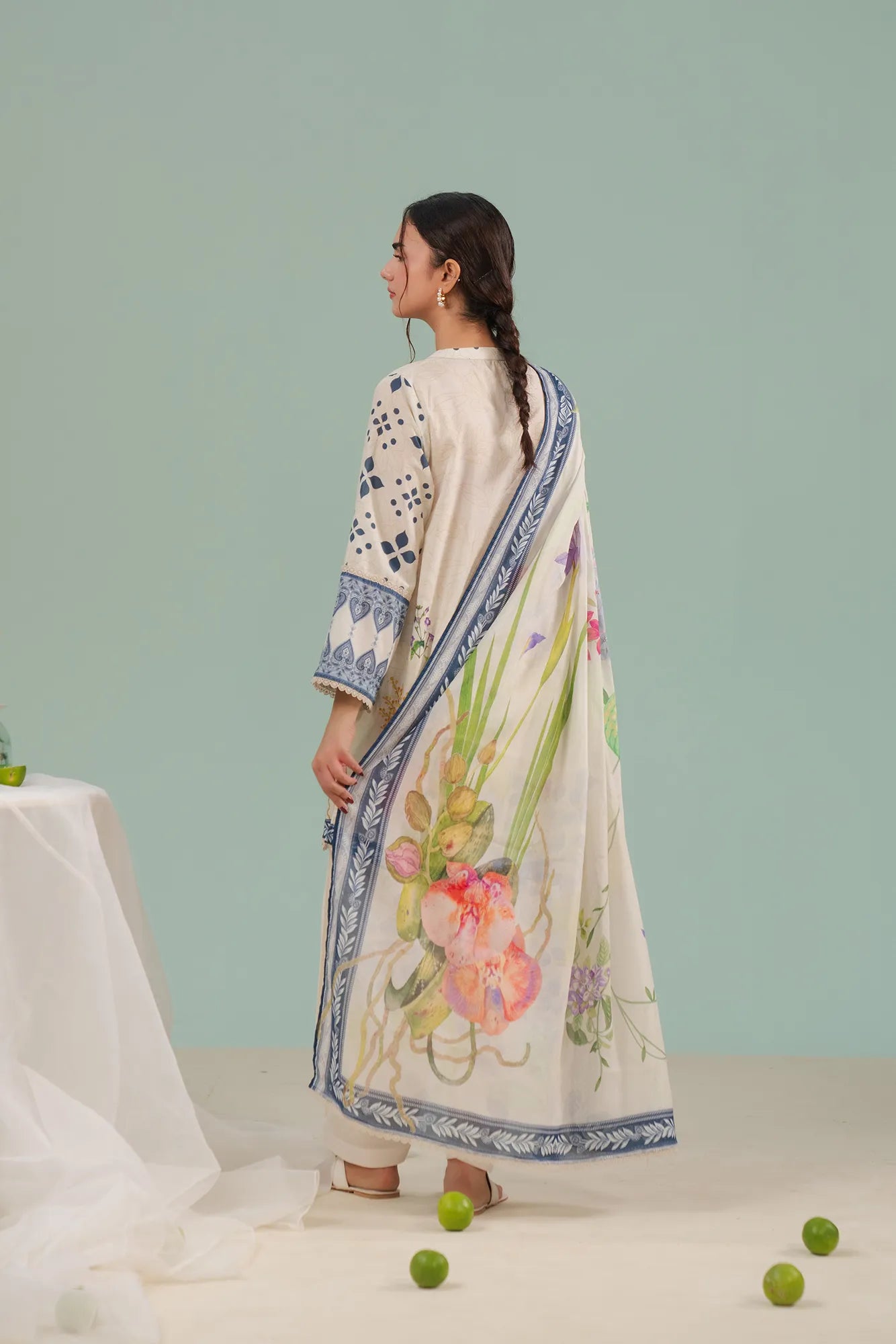 Peshawar women’s unstitched 2 piece lawn suit – timeless ivory printed lawn shirt paired with lightweight voile dupatta for summer elegance