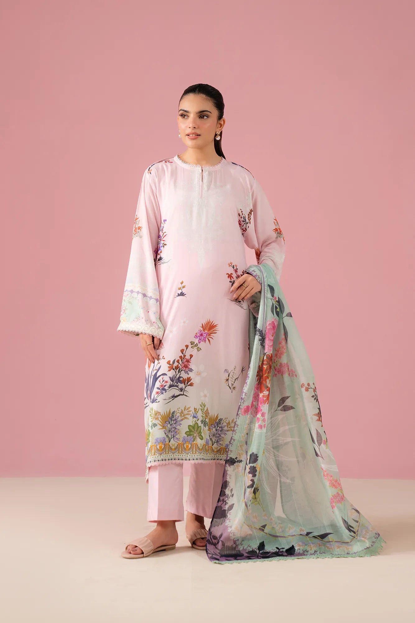 Pink 3 piece linen suit design – embroidered digital printed shirt with organza border, dyed linen trouser, and doriya dupatta, winter ethnic wear for Pakistani women