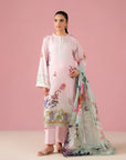 Pink 3 piece linen suit design – embroidered digital printed shirt with organza border, dyed linen trouser, and doriya dupatta, winter ethnic wear for Pakistani women