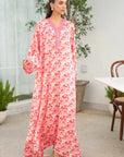Pink floral printed kaftan for women in a full-length relaxed silhouette