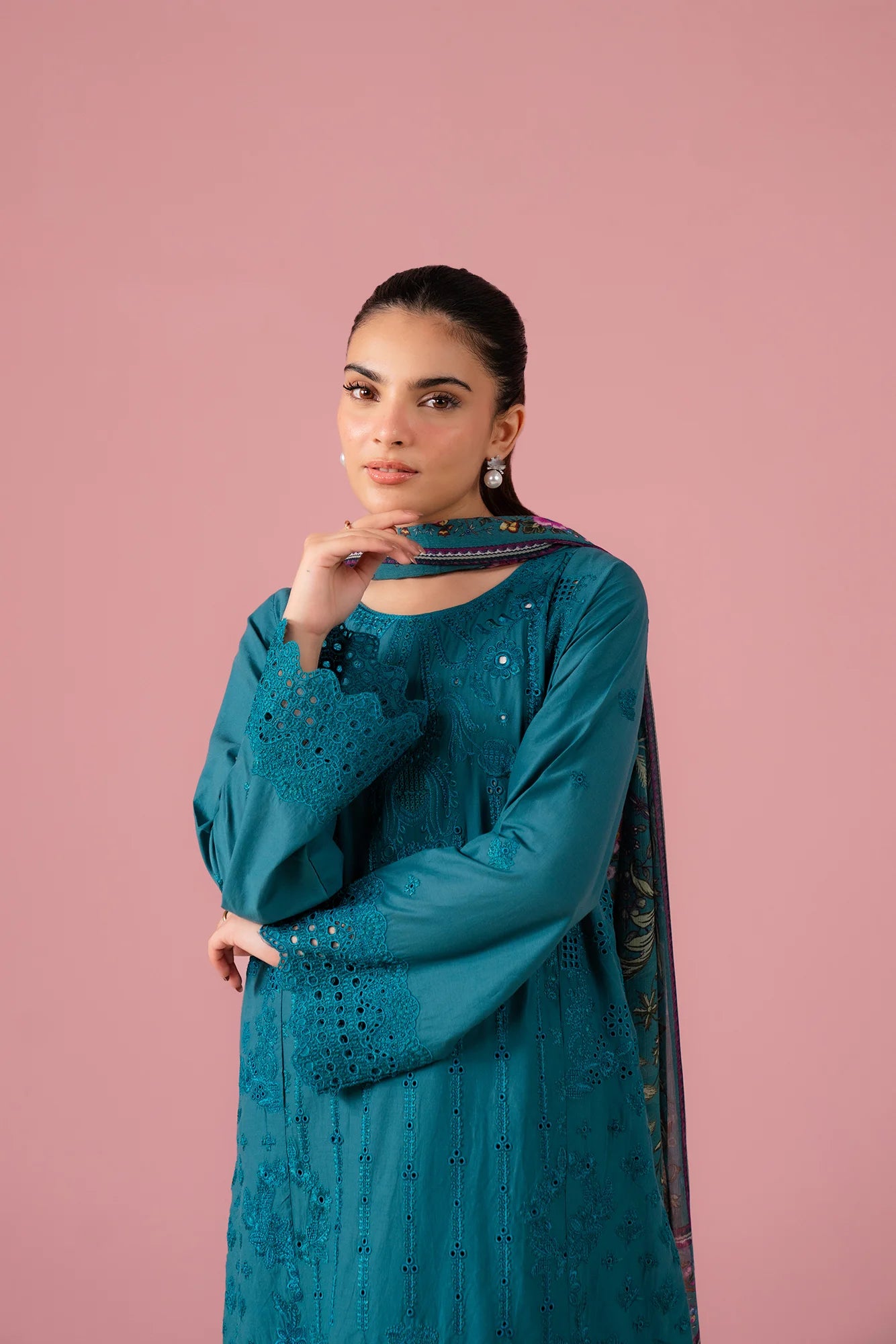Premium 3-piece embroidered lawn ensemble with silk printed dupatta, tailored for fashion-forward women in Gujrat's Al-Falah Society
