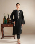 Premium black embroidered lawn kameez shalwar - Pakistani formal suit with white floral motifs for women