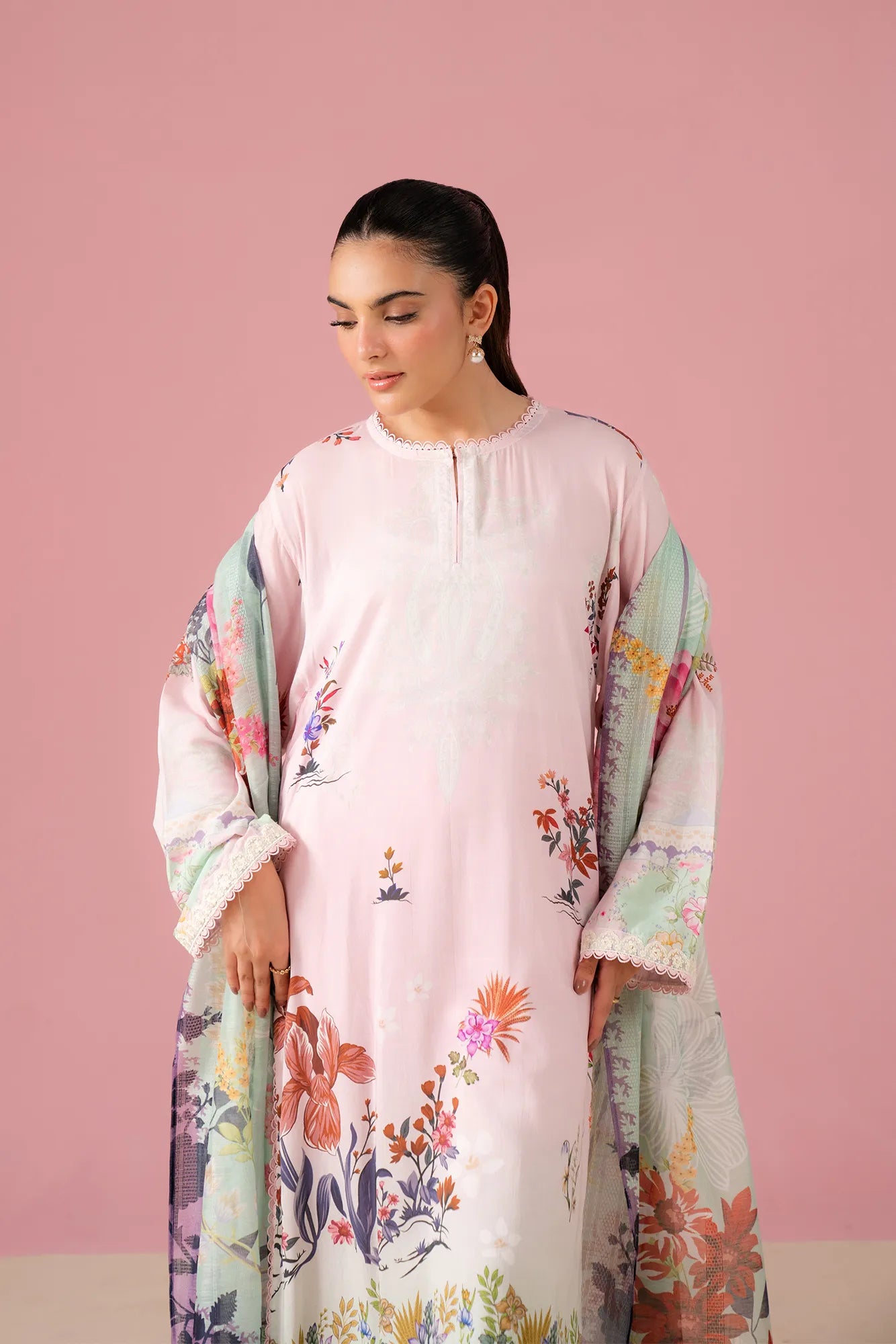 Premium unstitched 3 piece linen suit for women – elegant digital printed shirt with organza border, dyed trouser, and doriya dupatta, Pakistani ethnic suit online shopping in UK & USA