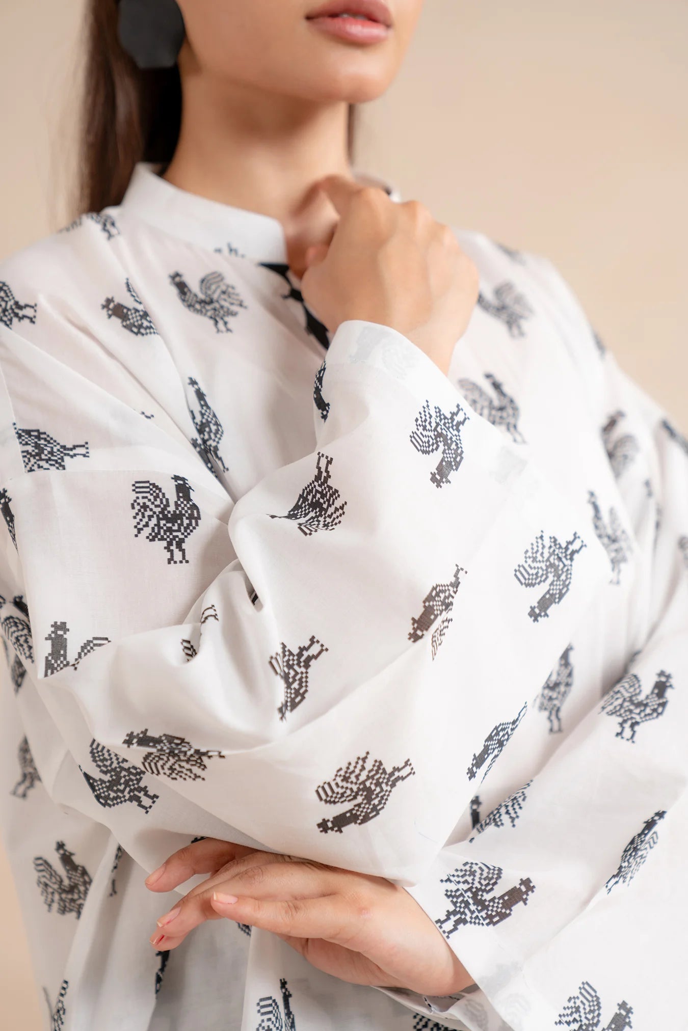 Purchase 1 piece white lawn shirt printed - monochrome Pakistani women kurta rooster print design