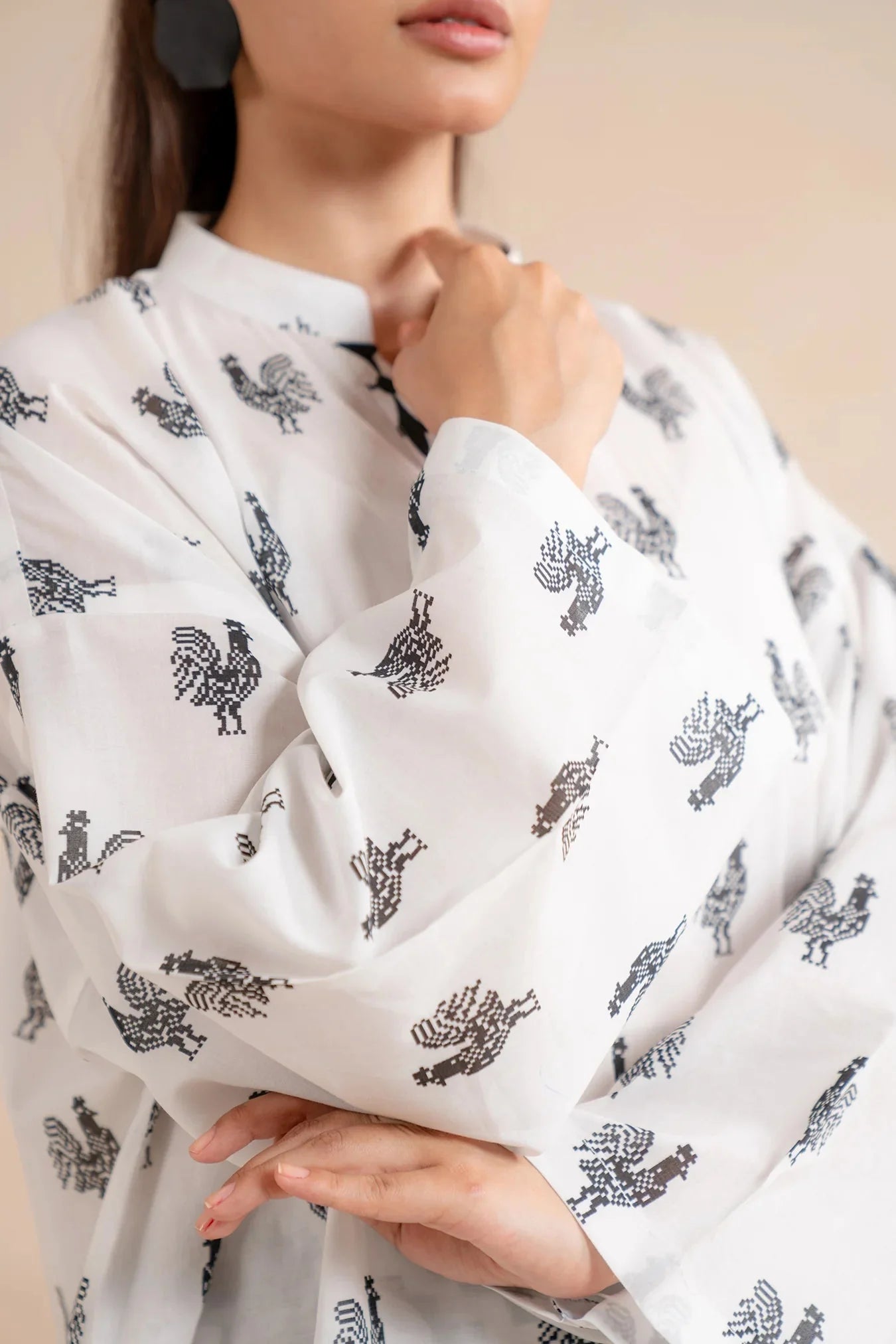 Purchase 1 piece white lawn shirt printed - monochrome Pakistani women kurta rooster print design