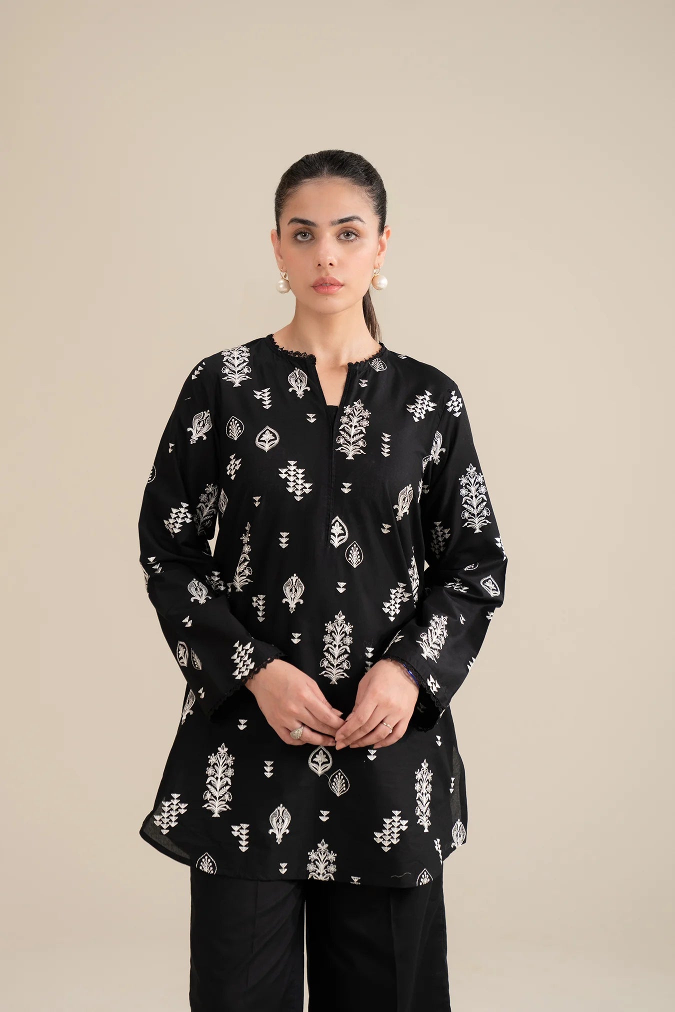 Purchase 2 piece black lawn suit embroidered - monochrome Pakistani women outfit ready to ship
