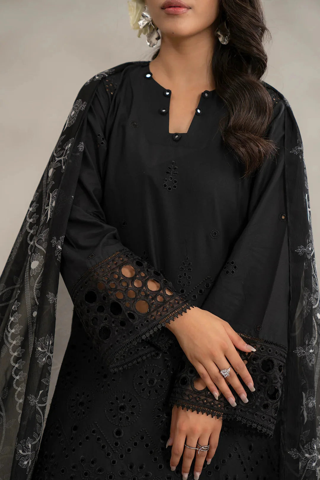 Purchase 3 piece black lawn suit embroidered - monochrome Pakistani women outfit premium quality