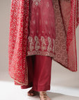 Ready to wear 3 piece Pakistani jamawar suit – stylish red embroidered outfit for weddings, family events, and festive celebrations.