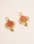 Red Kundan Floral Cluster Earrings with Pearl Bead Drop