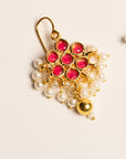 Red Kundan floral cluster earrings pearl bead drop gold ball Pakistan Beyond East