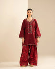 Red embroidered khaddar unstitched 2 piece suit with printed shalwar