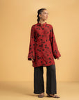 Red printed linen shirt with black floral design for women